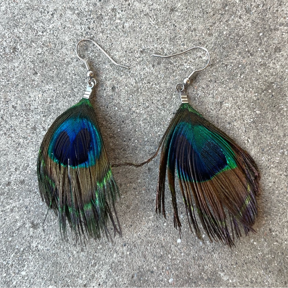 Peacock feather fishhook earrings